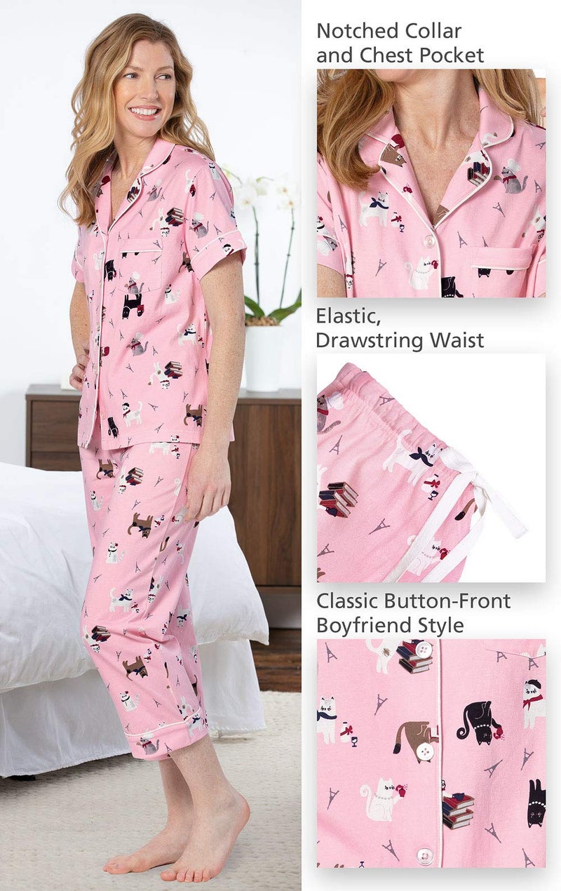 PajamaGram Cat Pajamas for Women - Short Sleeve PJs for Women, Pink, M, 10-12 - Image 4